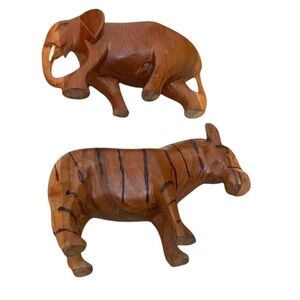 Vintage‎ Hand Carved Wooden Folk Art Zebra, Elephant Figurine Statue